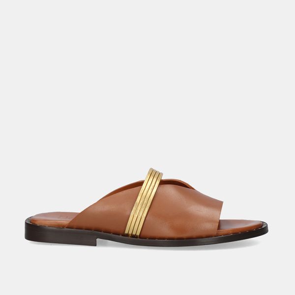 SANDALIA PLANA RIGA-220 LEATHER CAMEL GOLD